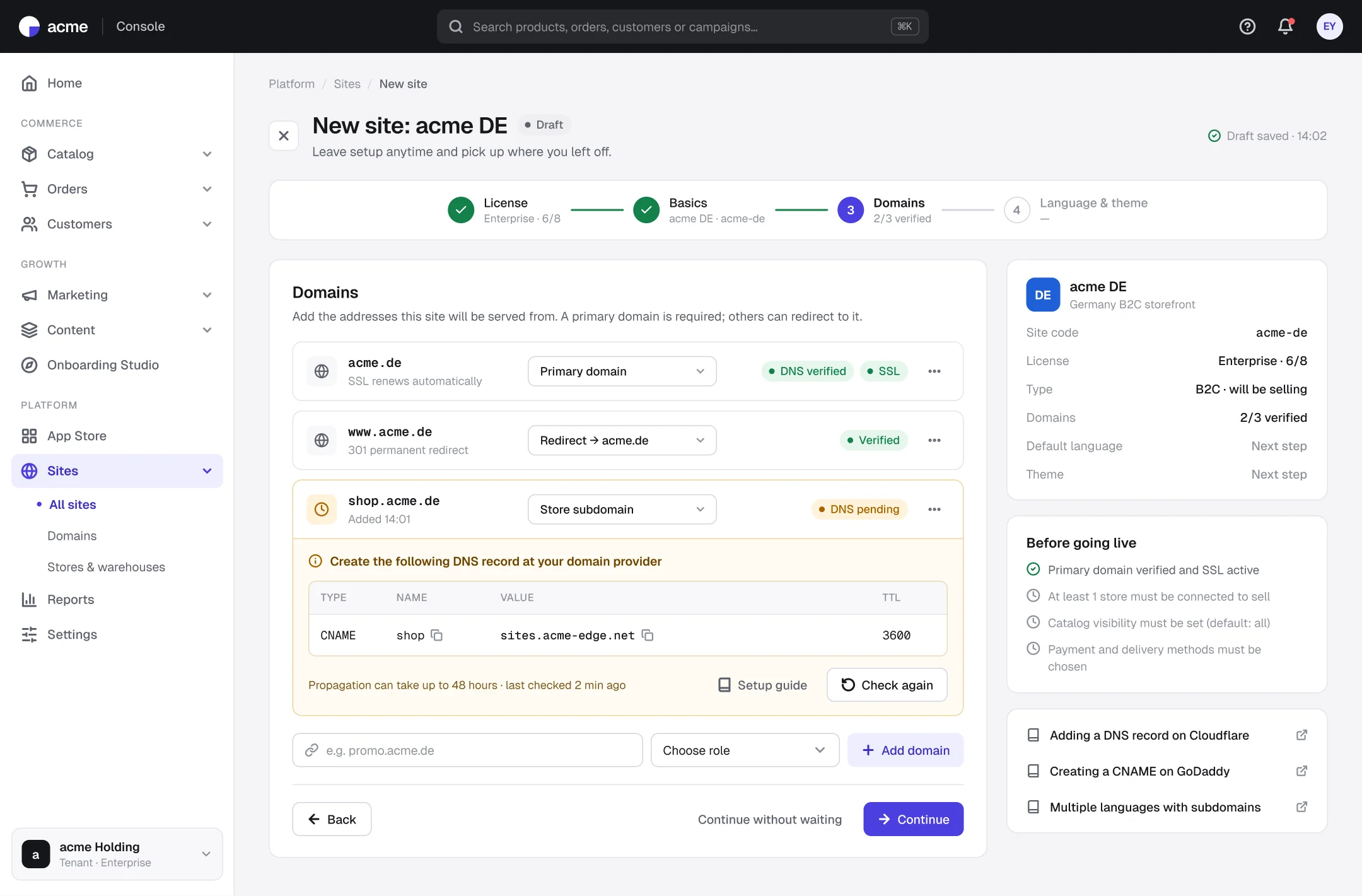 New site wizard