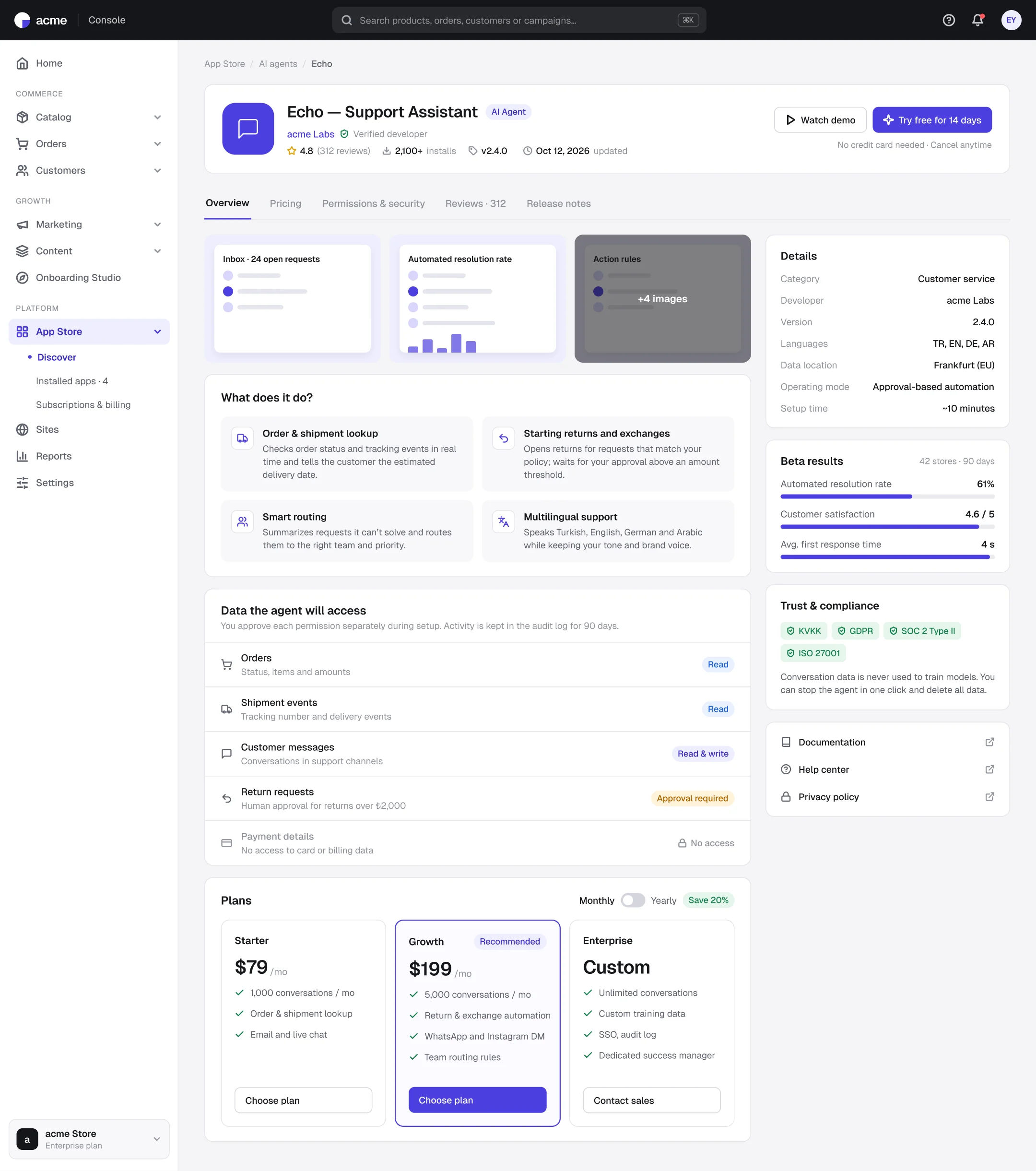 AI agent detail page
