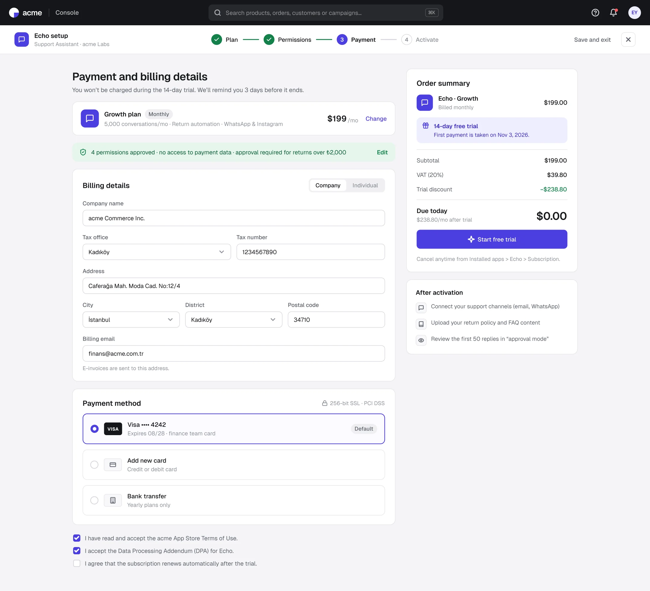 AI agent setup and payment screen